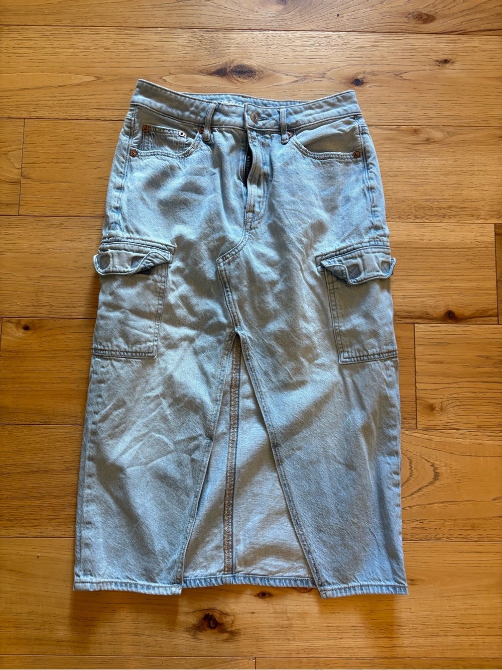 American Eagle Outfitters Light Blue Denim Midi Cargo Skirt